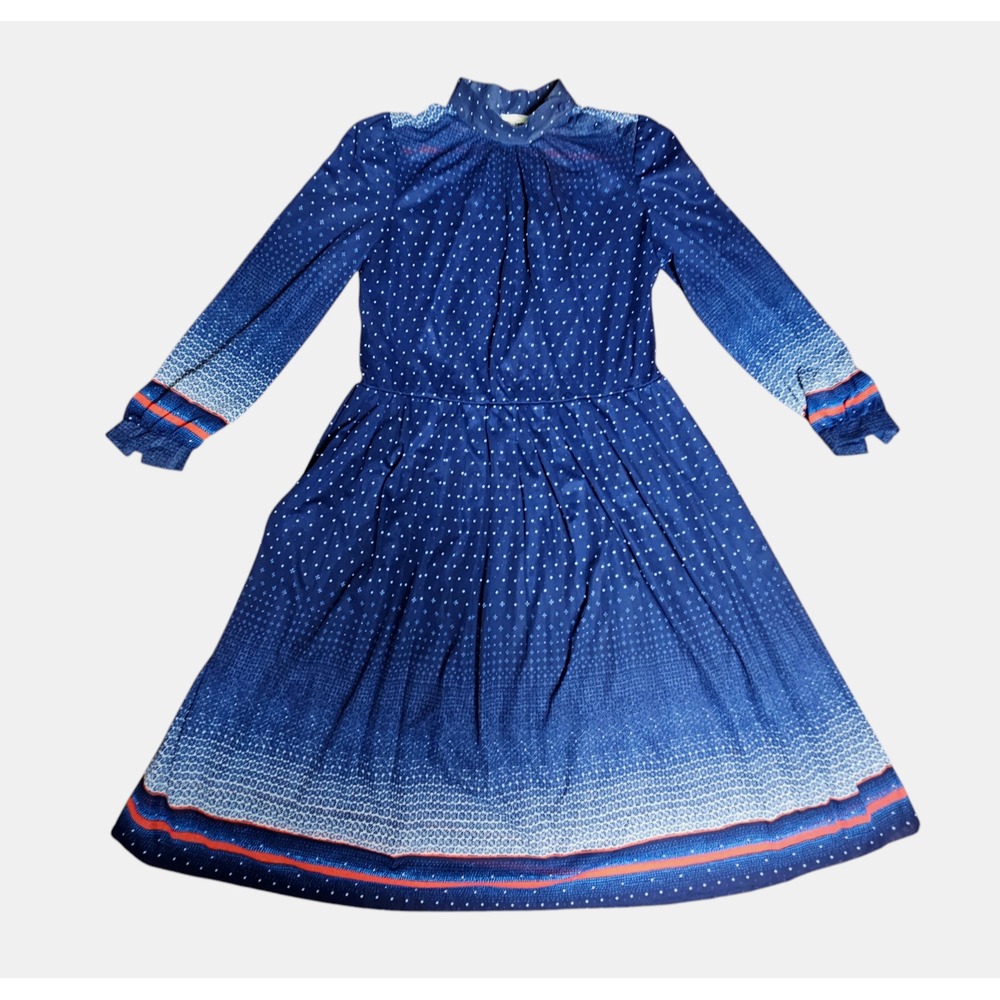 Vintage 70s Polka Dot Thin Pleated A-Line Midi Dress SZ S Blue White Cottagecore